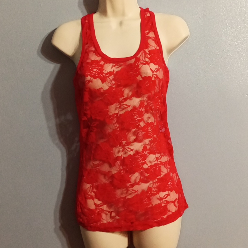 Voice women's red shear lace floral tank top